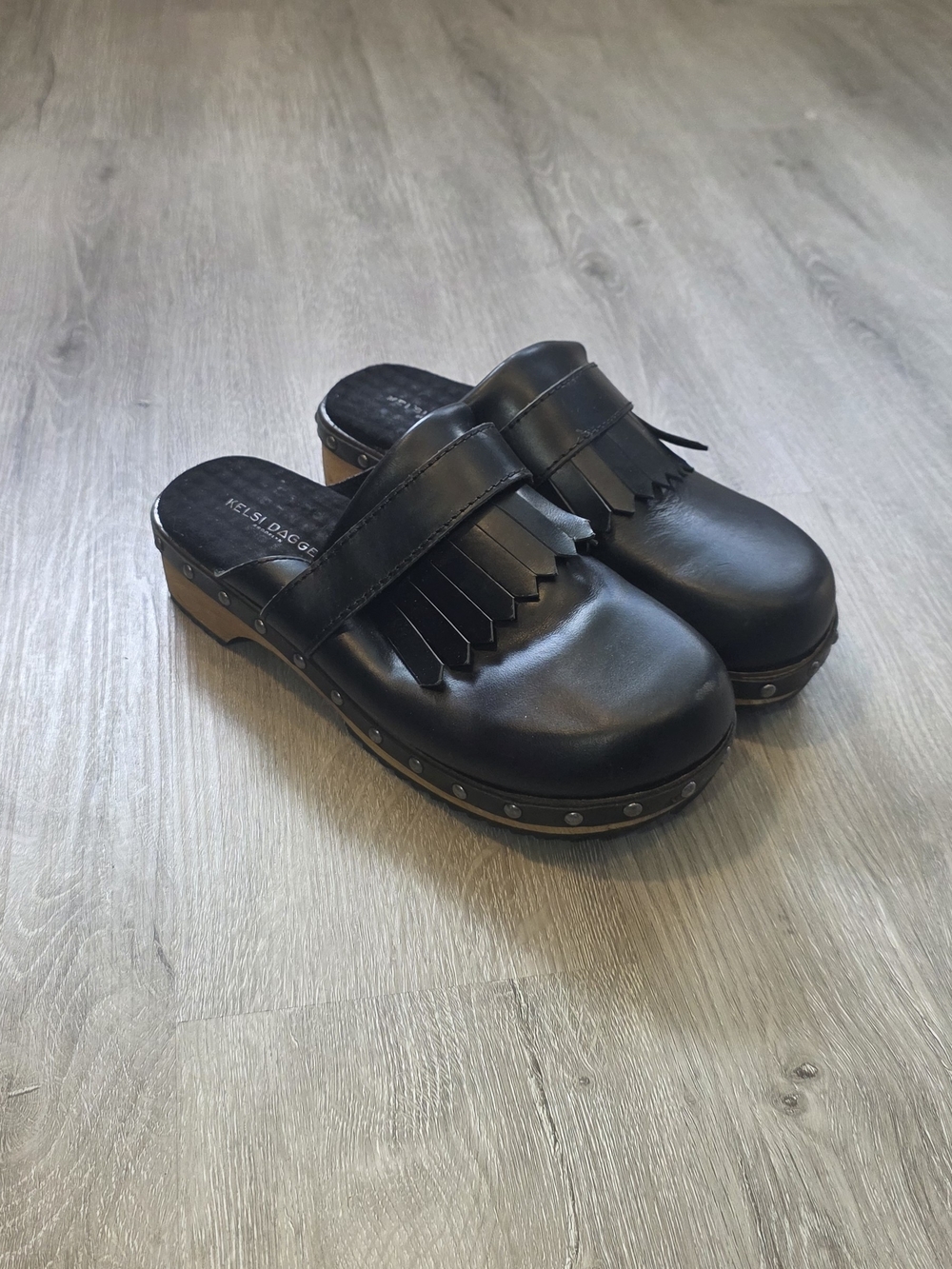 Kelsi Dagger Black Leather Fringe Clog Mules Size 8